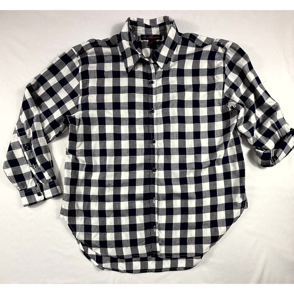 Gloria Vanderbilt Womens shirt M Navy White Silver Plaid 3/4 Roll-Tab Sleeves - Picture 2 of 11